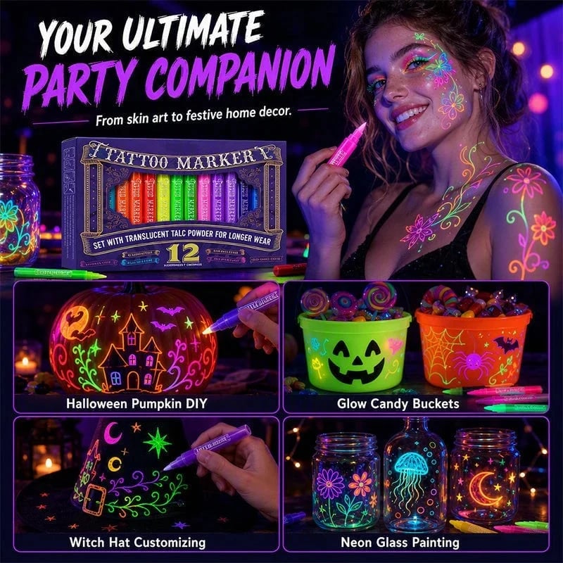 ✨ 12-Color UV Glow Tattoo Pens – Neon Body Art for Parties & Festivals