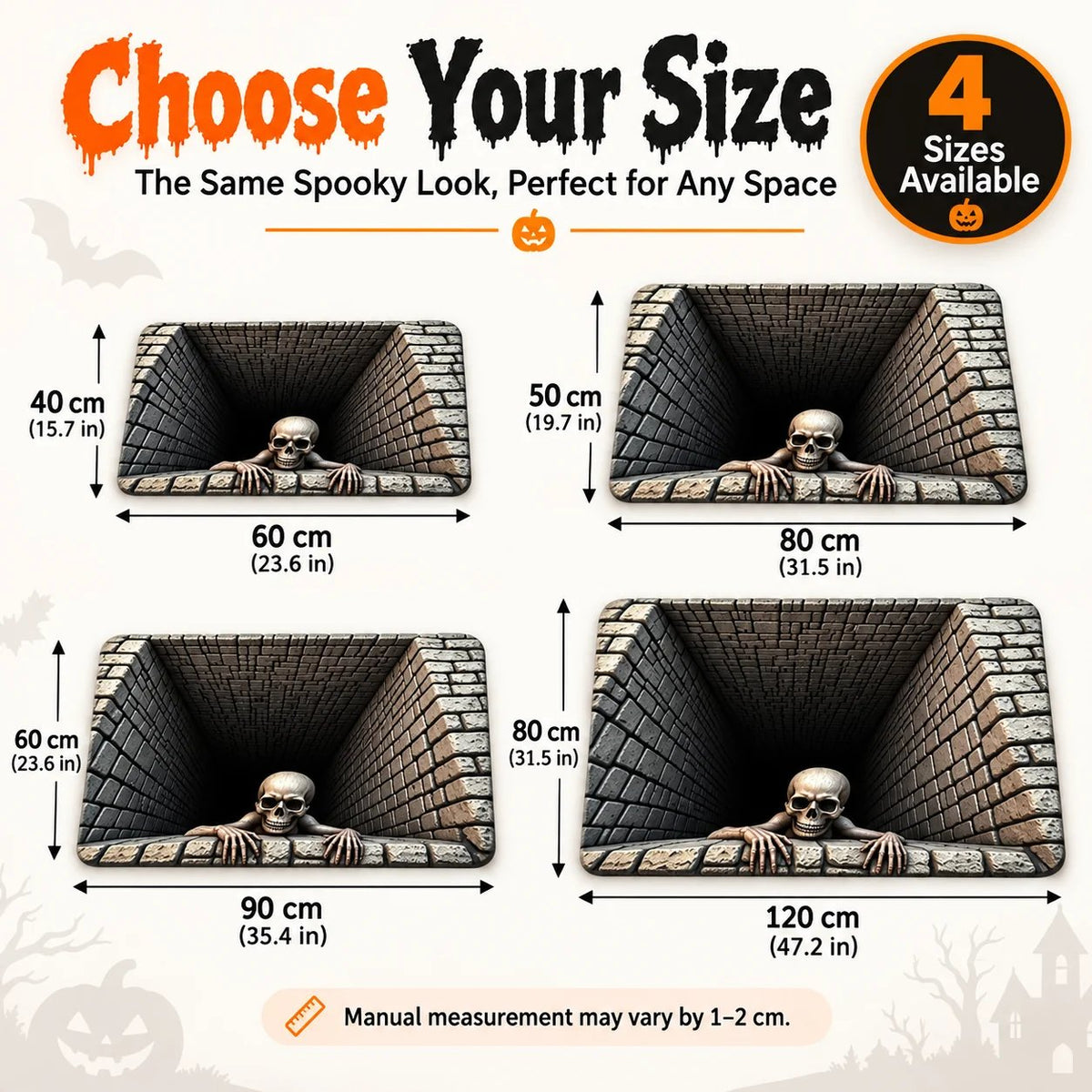 Four available Halloween front door mat sizes