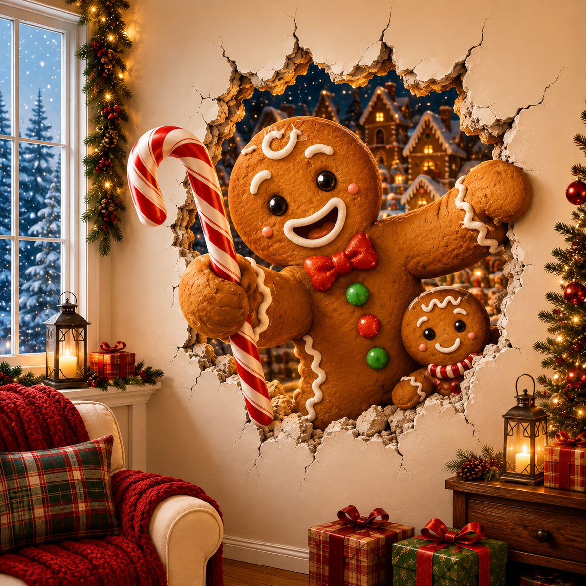 Gingerbread Man Christmas breaking through wall decal