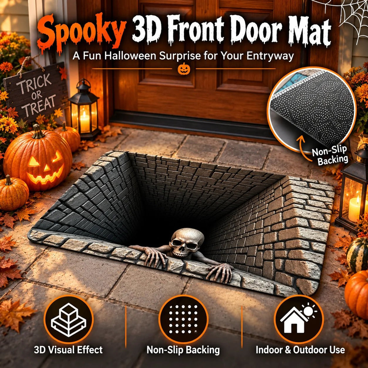 Halloween 3D front door mat with spooky skeleton and deep pit illusion