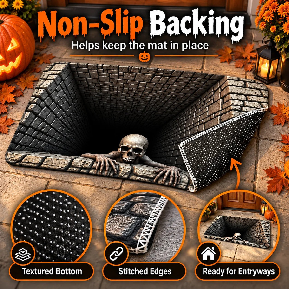 Halloween mat showing non-slip textured backing and stitched edges