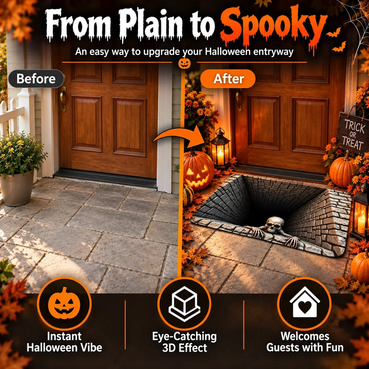 Before and after Halloween entryway featuring the 3D front door mat