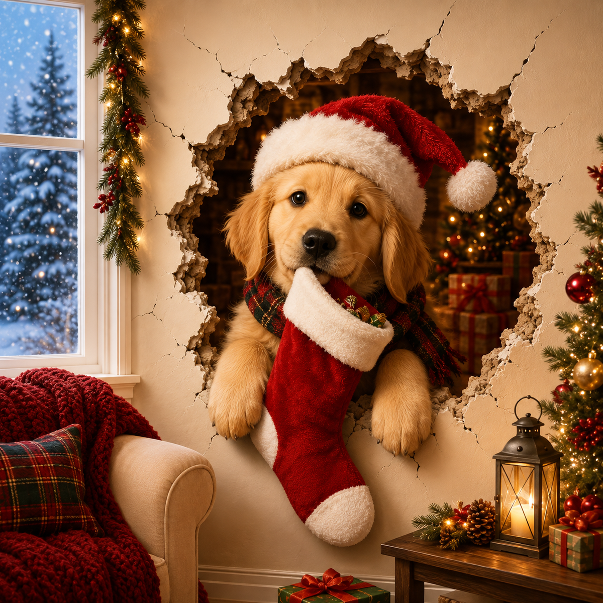 Christmas Puppy breaking through wall decal