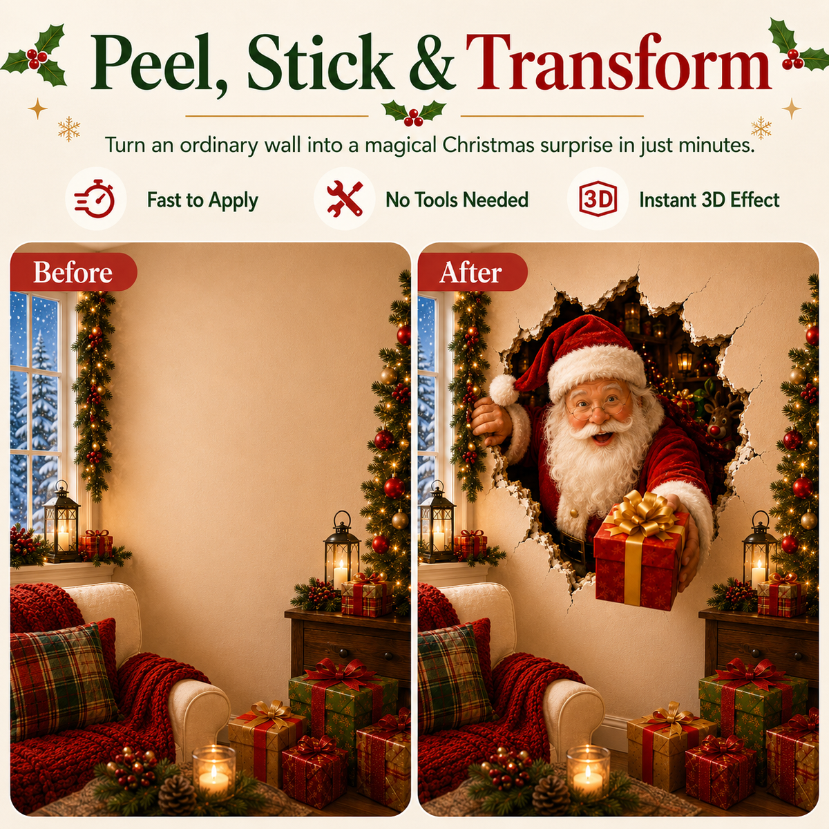 🎅 Christmas Breaking-Through-the-Wall Decal – 3D Holiday Wall Decor