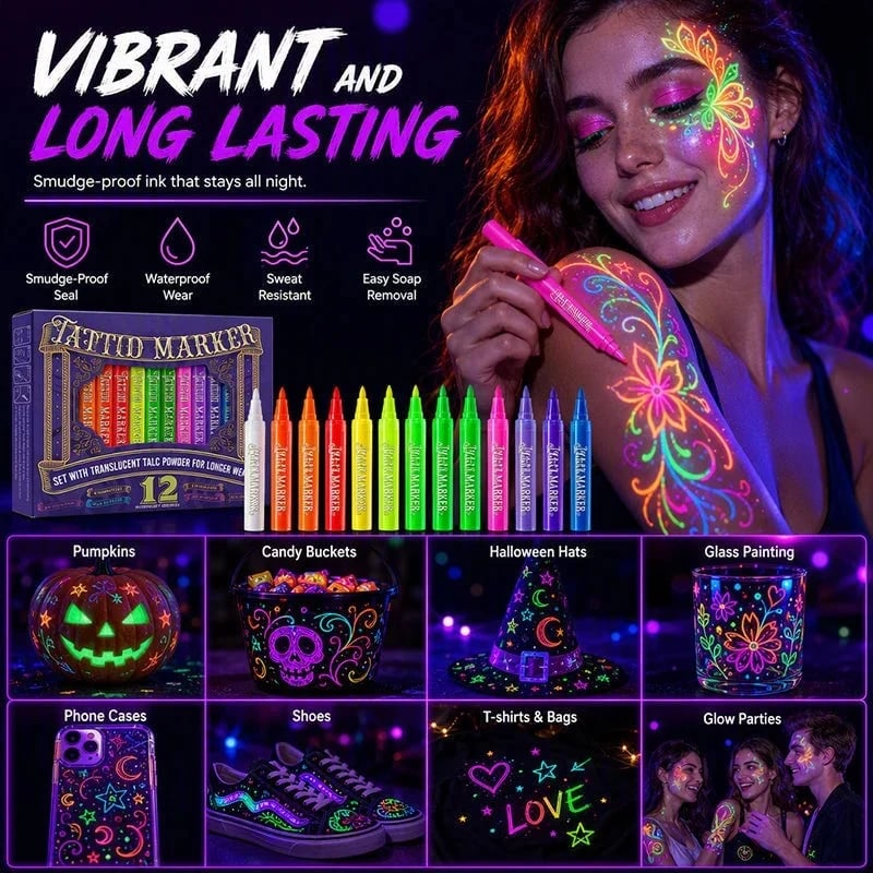 ✨ 12-Color UV Glow Tattoo Pens – Neon Body Art for Parties & Festivals