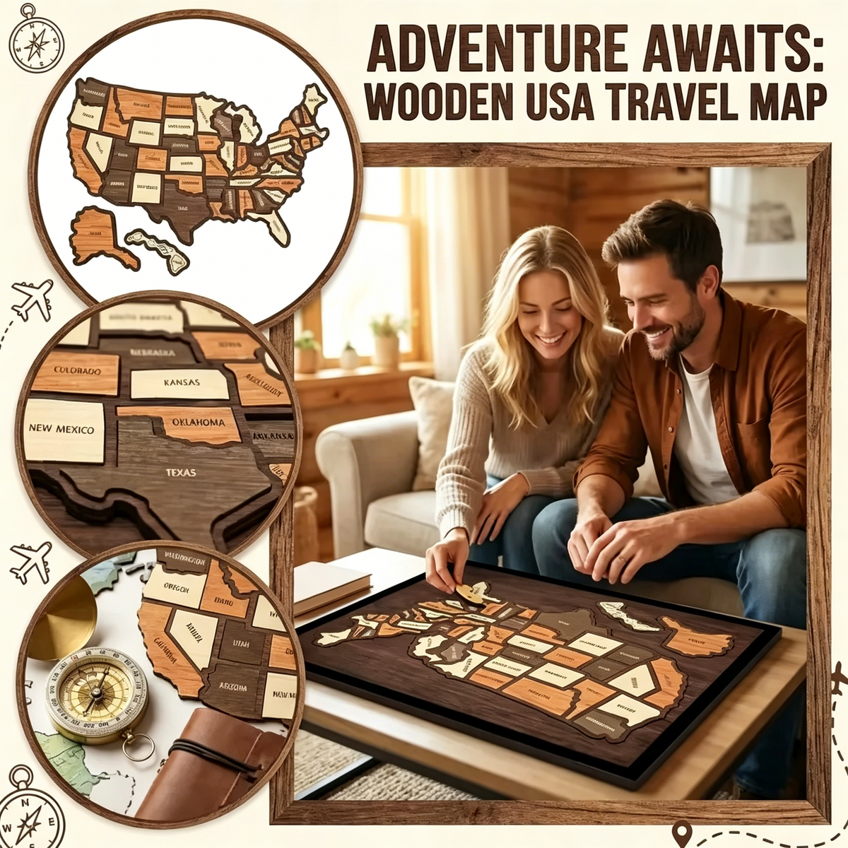 🔥Last Day 49% OFF -🇺🇸 Wooden USA Travel Map Puzzle🧩A Stylish Way to Track Your Journey