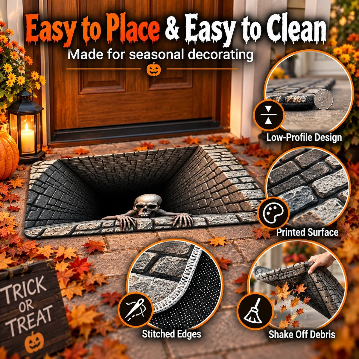 Halloween front door mat with low-profile design, stitched edges and easy-clean surface