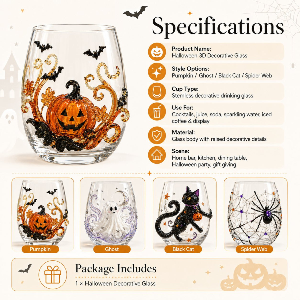 🎃 3D Halloween Artisan Glassware Collection | For Magical Halloween Sips, Eye-Catching 3D Details, Luminous Festive Party Moments & Cozy Fall Home Bar Glow