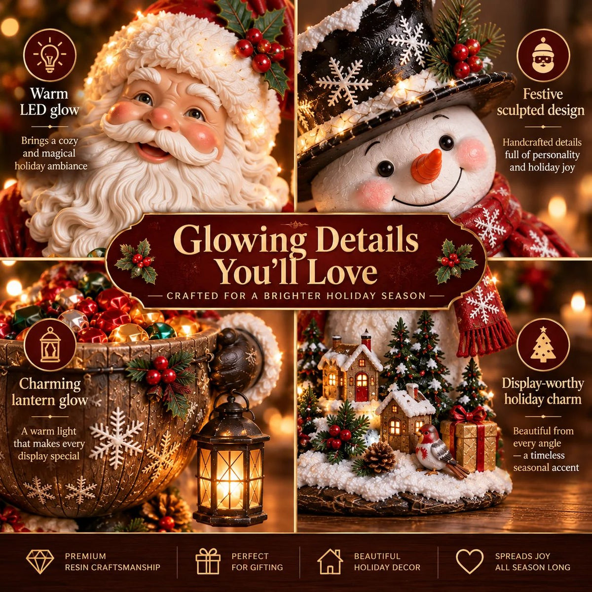 Close-up details of the glowing Christmas candy bowl collection