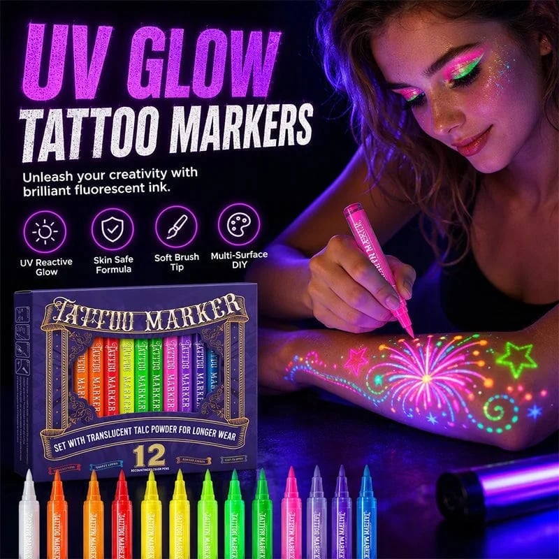 12 color glow party tattoo pens under UV blacklight