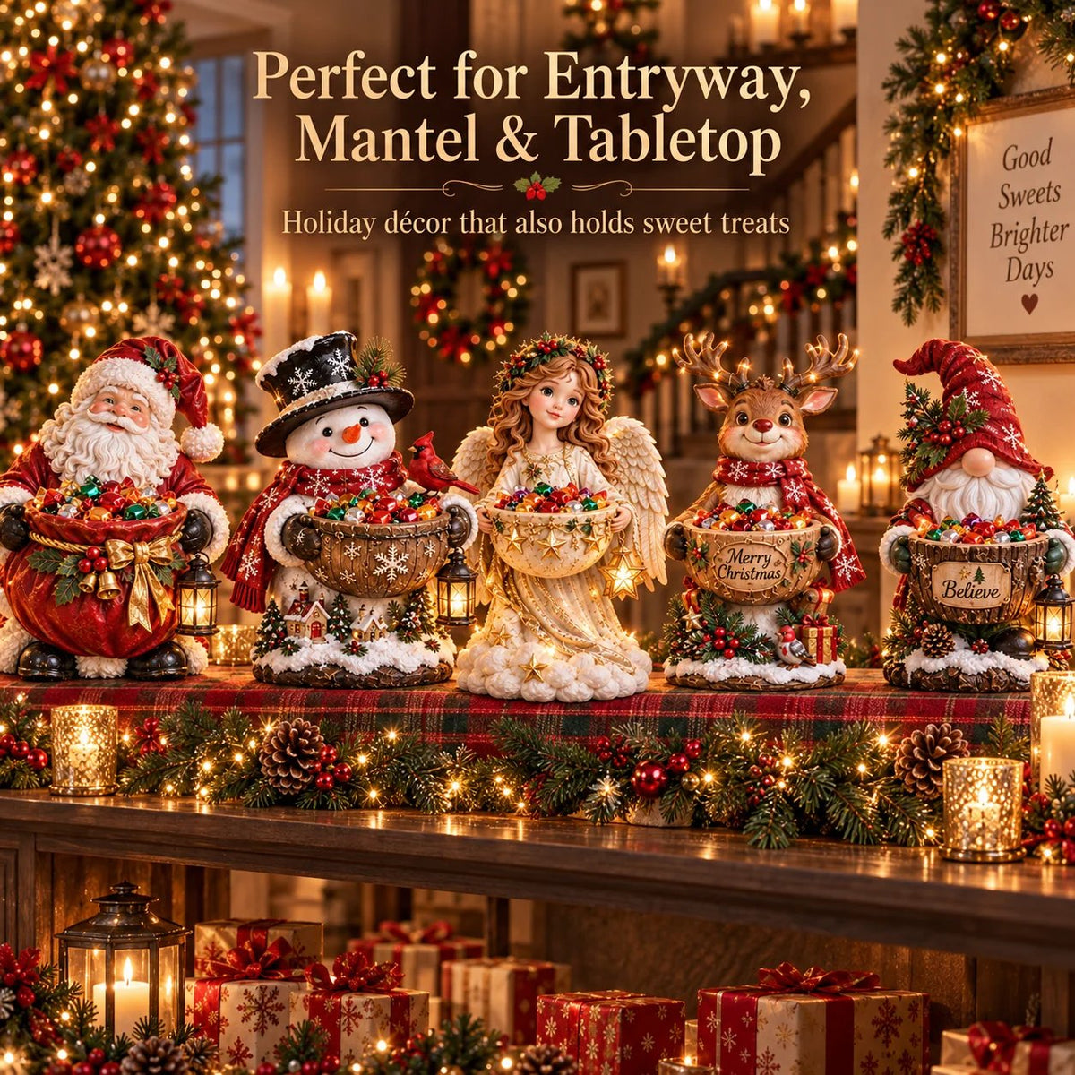 Christmas candy bowl characters displayed on an entryway holiday table