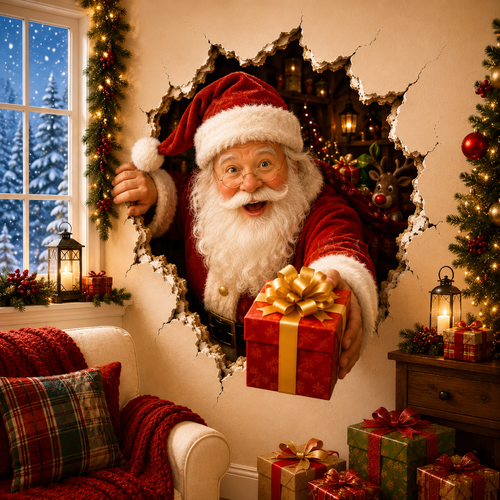 🎅 Christmas Breaking-Through-the-Wall Decal – 3D Holiday Wall Decor